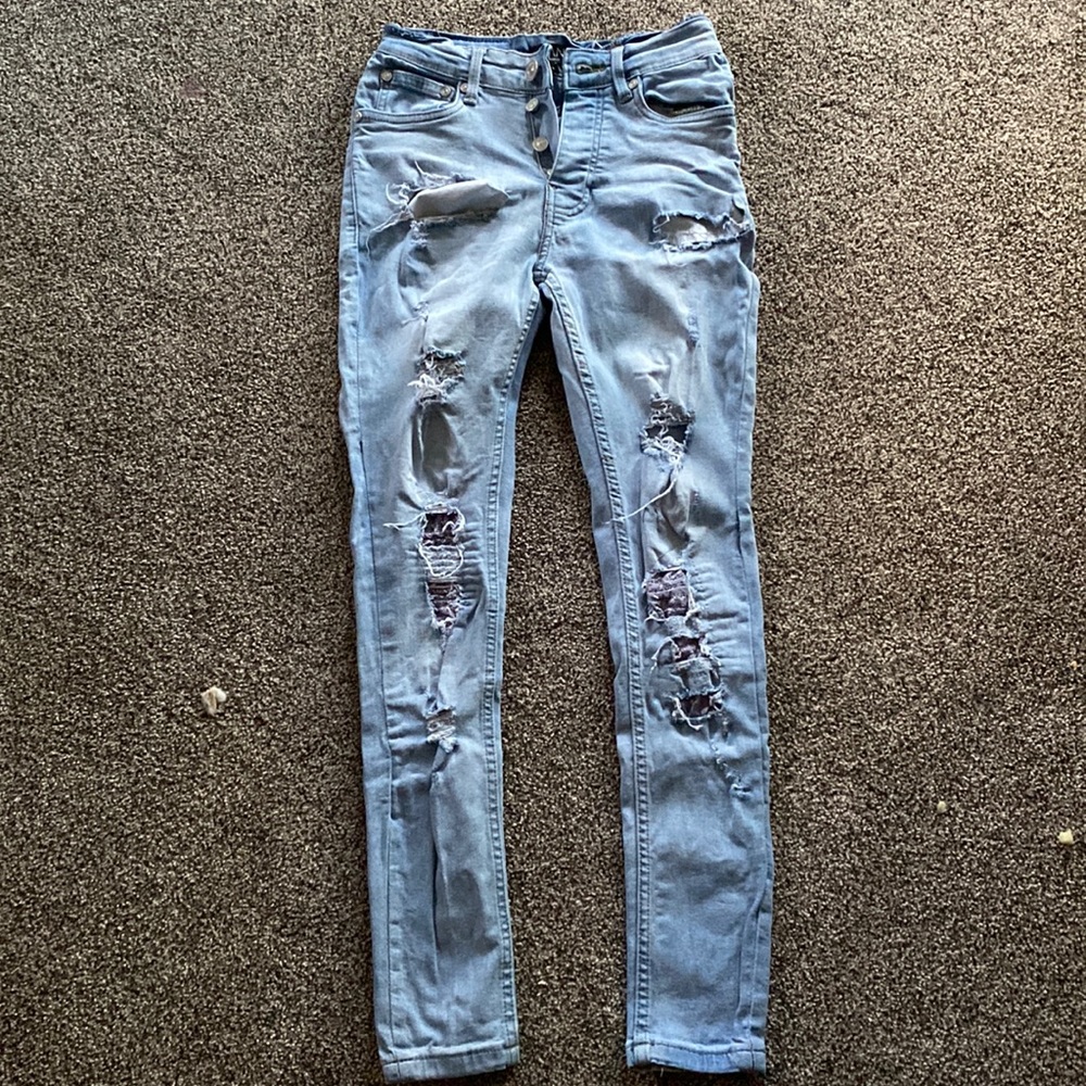 pants:light blue holy skinny jeans w/ purple bandana patches size 28 BOOHOO MAN